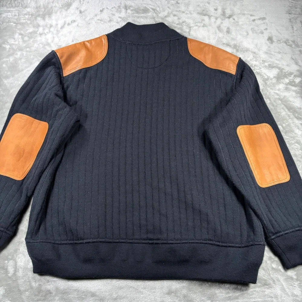 Orvis Mens Navy Blue Wool Blend Ribbed 1/4 Zip Sweater Leather Patches XL 9K3G